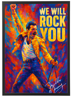 Farverig illustration af en mand i en ikonisk pose, inspireret af rockmusik.