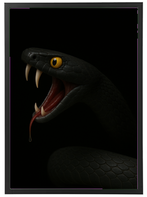 Et nærbillede af en sort slange med gule øjne og blottede tænder, der ser truende ud.