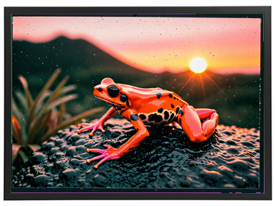 Et billede af en orange og sort frø, der sidder på en sten med en smuk solnedgang i baggrunden.