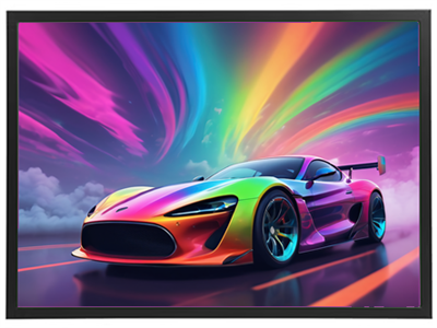 En futuristisk sportsvogn med regnbuefarver, der kører gennem et drømmende landskab.