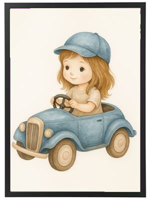 En sød illustration af et barn, der kører i en lille blå bil, iført en blå kasket.