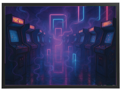 En futuristisk arkade med klassiske spilleautomater og neonlys i en mystisk atmosfære.