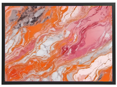 Et abstrakt billede med en blanding af orange, pink og hvide nuancer, der skaber en marmoreringseffekt.