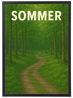 En smuk skovscene med en snoet sti, omgivet af frodige grønne træer.