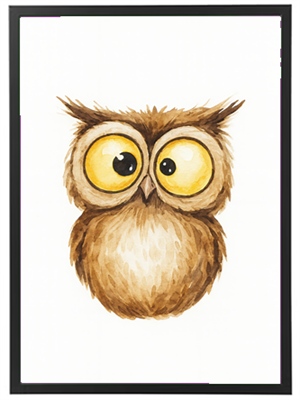 En tegnet ugle med en fluffy krop og store, runde øjne, der ser nysgerrigt ud.