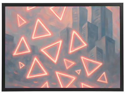 Et moderne kunstværk, der viser en bysilhuet med lysende, abstrakte triangulære former.