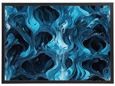 Et farverigt abstrakt maleri med bølgende former i nuancer af blå og sort.
