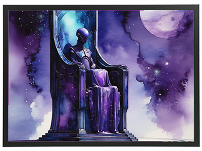 En majestætisk figur sidder på en trone i et farverigt, stjernespekket univers.