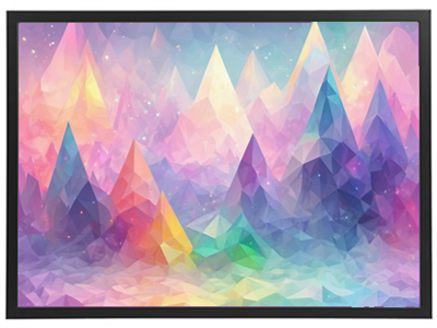 Et abstrakt billede af farverige, geometriske bjerge i pastelfarver.