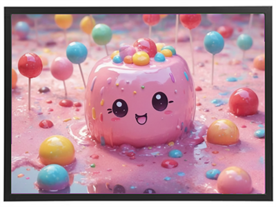 Et glad, pink dessert med ansigt svømmer i en sød, farverig sauce omgivet af slik.