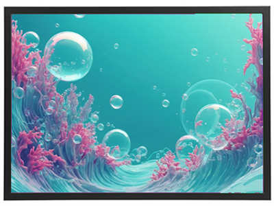 Et livligt billede af et korallrev med lyserøde koraller og bobler i et blåt hav.