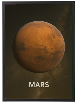En visualisering af Mars, den fjerde planet fra solen, kendt for sin røde farve.