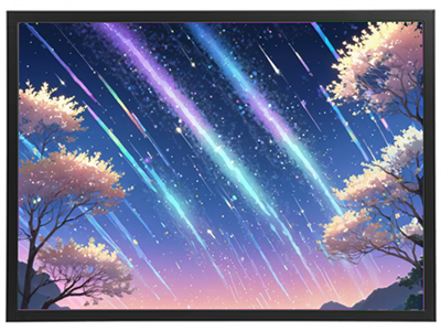 En farverig nattehimmel med stjerneskud og blomstrende træer, der skaber en magisk stemning.