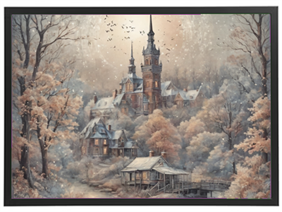 En malerisk skildring af et slot omgivet af efterårsfarver og tåge.