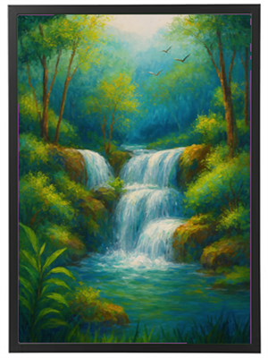 Et maleri af et smukt vandfald omgivet af grønne træer og frodig vegetation.