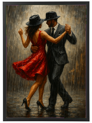 Et par danser romantisk i regnen, iført elegante hatte og festtøj, mens dråberne falder omkring dem.