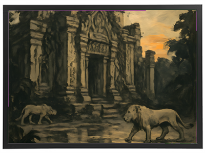 Et maleri af to løver, der går foran en gammel tempelruin i skumringen.