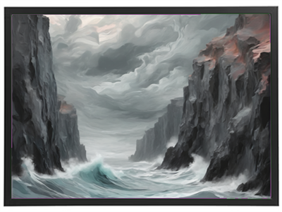 Et malerisk billede af et stormfuldt havlandskab med høje klipper og mørke skyer.