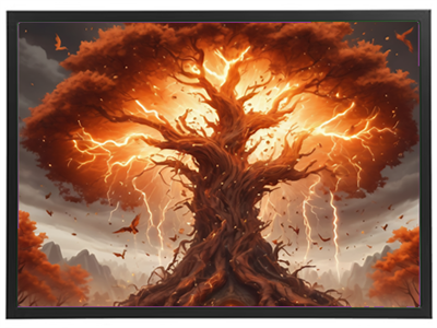 Et majestætisk træ oplyst af lyn og omgivet af en dramatisk himmel og efterårsfarver.