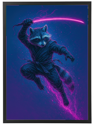 Et dynamisk billede af en vaskebjørn iført ninja-udstyr, der svinger et neonlysende sværd.