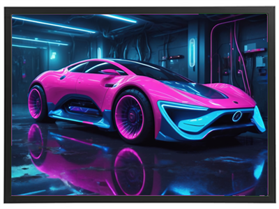 En moderne bil med en iøjnefaldende pink og blå farvekombination i et futuristisk miljø.