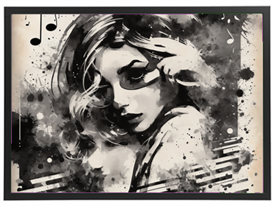 Et kunstnerisk portræt af en kvinde med bølget hår, omgivet af musiknoter og abstrakte splatter.