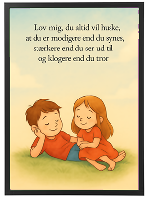 Et illustreret billede af to børn, der ligger og smiler, med en opmuntrende tekst om mod, styrke og visdom.