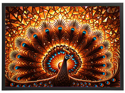 En farverig og detaljeret illustration af en påfugl med en strålende hale.