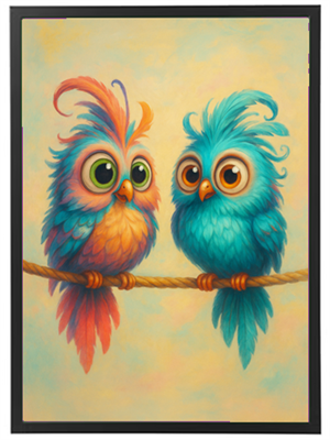 To farverige, karikerede fugle med store øjne sidder på en gren mod en blød baggrund.