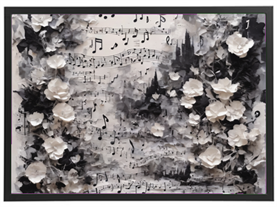 Et kunstværk med papirblomster og musiknoter i sort-hvide nuancer.