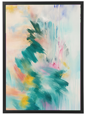 Et abstrakt maleri med en blanding af blå, grønne og pastelfarver, der skaber en drømmende atmosfære.