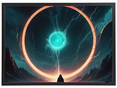 En dramatisk scene med en mystisk portal og en skikkelse, der står i forundring.