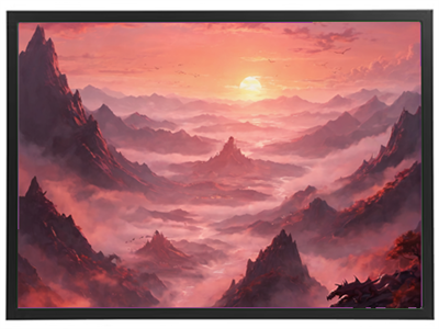 Et betagende landskab med bjerge og en smuk solnedgang, der kaster varme farver over dalene.