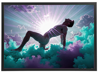 En surrealistisk komposition med en mand i en drømmende atmosfære af farverige skyer og lys.