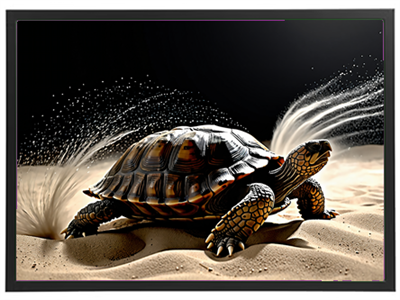 En skildpadde bevæger sig gennem sandet, mens den skaber sprøjt af sand omkring sig.