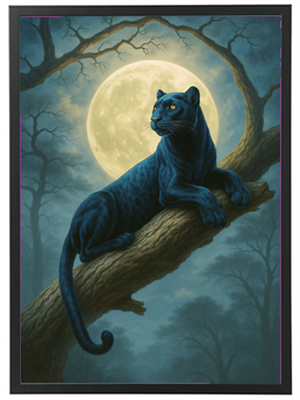 En blå panter sidder majestætisk på en gren med en stor fuldmåne i baggrunden.