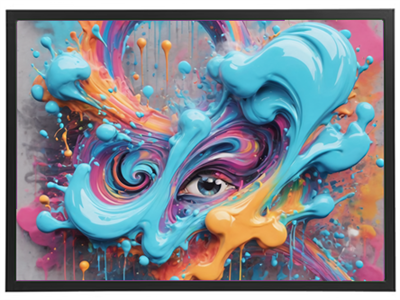 Et livligt og dynamisk billede fyldt med farverige maleriske splatter og et øje, der skinner igennem.