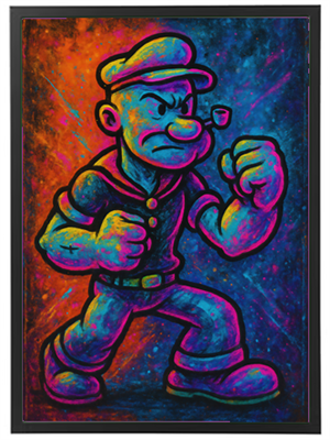 Et livligt og farverigt billede af den ikoniske karakter Popeye, der står i en kraftfuld pose.
