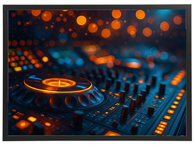 Et nærbillede af en DJ mixer med lysende knapper og en blød bokeh-baggrund.