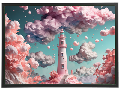 En surrealistisk illustration af et fyrtårn omgivet af lyserøde skyer og en drømmende atmosfære.