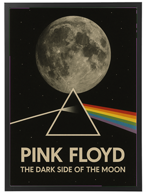 Et ikonisk albumcover med et prisme, månen og regnbuefarver.