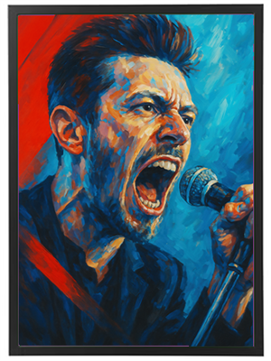 Et maleri af en mand, der synger kraftfuldt i en mikrofon, omgivet af intense farver.