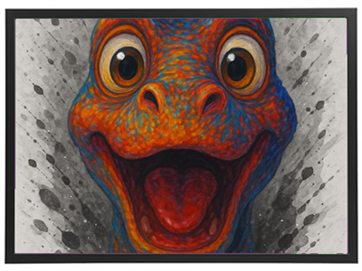 Et livligt og farverigt billede af en dinosaur med store øjne og et bredt smil.