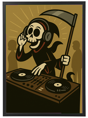 En tegneserieagtig skeletfigur med hovedtelefoner, der DJer ved et mixerbord.