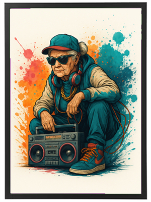 En farverig illustration af en ældre mand iført hiphop-tøj, der sidder med en boombox.