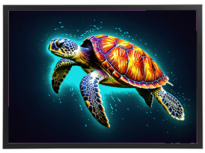 Et kunstnerisk billede af en skildpadde svømmende i blåt vand med lysende farver.