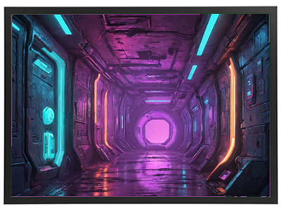 En futuristisk korridor med farverig neonbelysning, der skaber en sci-fi atmosfære.