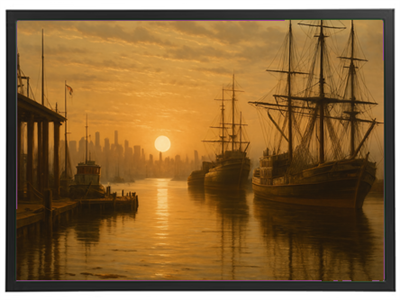 En malerisk havnescene ved solnedgang med sejlskibe og en by i baggrunden.