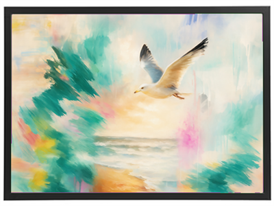 Et malerisk billede af en måge, der flyver over en farverig kystlinje.