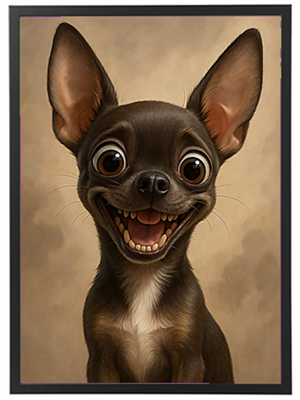 Et billede af en glad Chihuahua med store, udtryksfulde øjne og et stort smil.